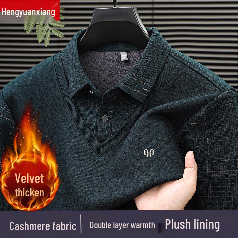 Hengyuanxiang Men's Pure Cashmere Two-Piece Look Thickened Winter Sweater