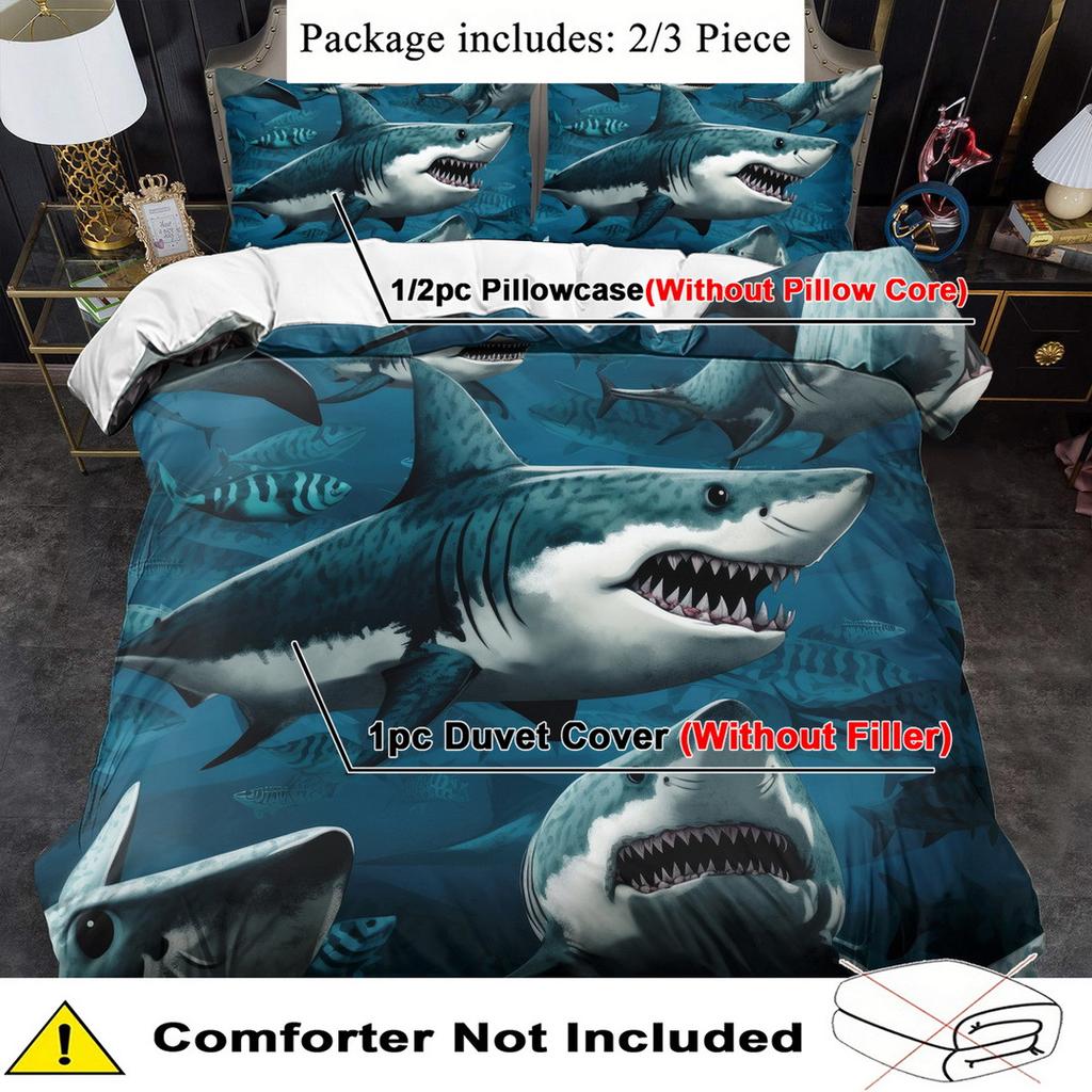 Quilt Cover Set 2/3pcs Bedding Set Deep Sea Shark Printed Duvet Cover Set King Queen Style Bedding Set Polyester