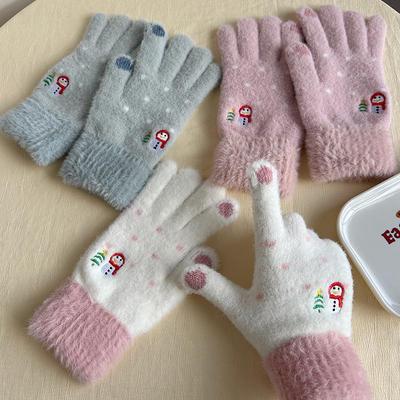 Falling Pool Knitwear~ Women's Cute Snowman Fluffy Knit Gloves, Warm and Full-Fingered for Autumn/Winter, Great for Students and Cycling.