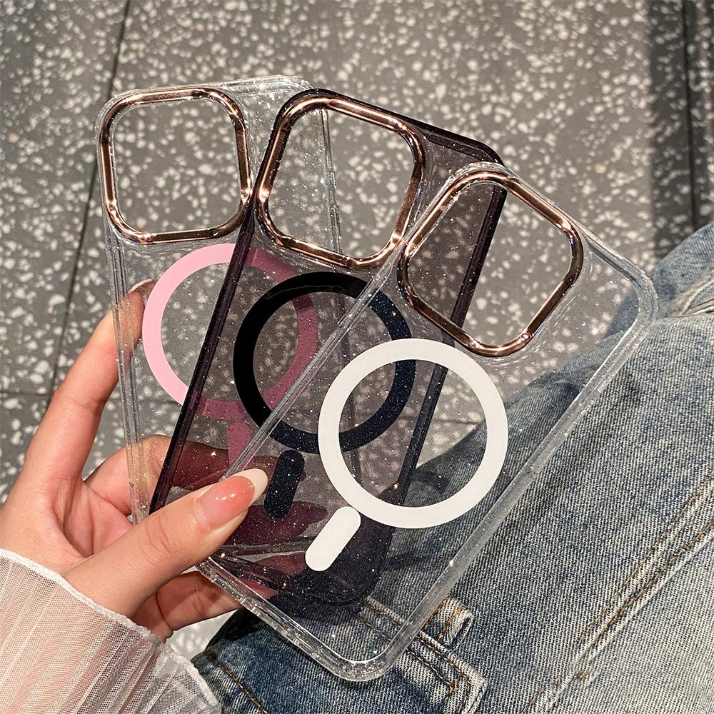 Luxury Clear Bling Glitter Armor For Magsafe Wireless Charge Phone Case for iPhone 15 14 13 Pro Max Magnetic Plating Hard Cover