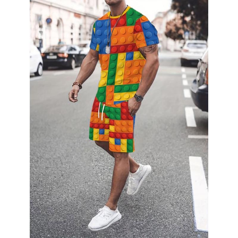 Herren Sommer Freizeit Sportanzug, 3D-bedrucktes Rundhals-T-Shirt und Shorts, Mikroelastischer Strickstoff