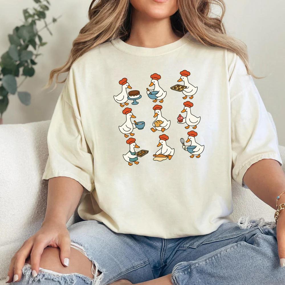 2026 Summer Womens Goose Chef Print TShirt Unisex Cotton and Breathable Short Sleeve Oversized Loose Casual