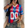 Summer New Stripe England Print T-shirt For Women Short Sleeve Patchwork V-Neck Tees Sports Football Jersey Y2K Oversized Tops