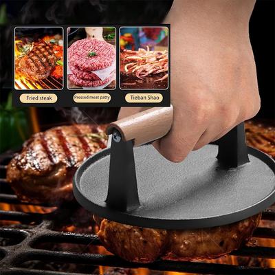 Burger Press Heavy-Duty Cast Iron Bacon Pressed Wooden Handle Grill With Meat Cutlets Perfect For Grilling And Cooking Press