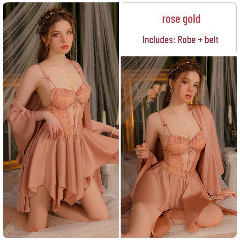 Guiruo Satin Lace Nightdress & Robe Set with Chest Pad