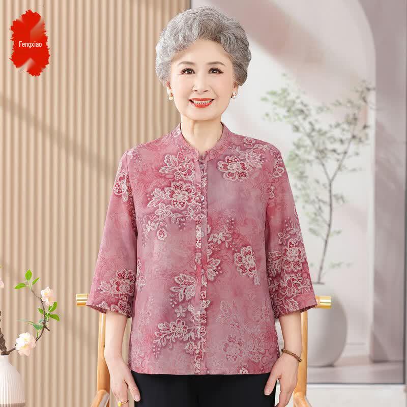 Elderly Women s Summer 3/4 Sleeve Loose Floral Top 4XL