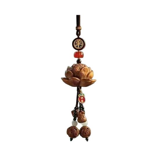 Wooden Pendant Car Ornament with Lanyard Easy To Hang Retro Engraved Lotus Car Pendant Rearview Mirror Decoration