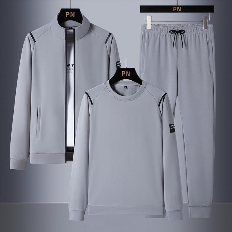 Мужской спортивный комплект для бега, модный повседневный комплект из трех предметов: кардиган + свитер + брюки L серый