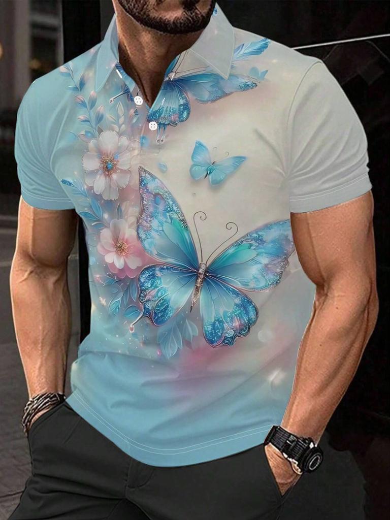 Men'S Short Sleeve Polo Shirt, Flat Digital Print Pattern – No Texture – Dreamy Blue Butterfly Dancing in Flowers Print, Fashionable And Easy Short