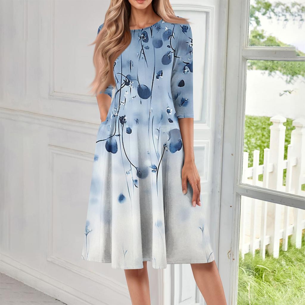 Women's Casual Fashion Round Neck Three Quarter Sleeve Print Midi Dress