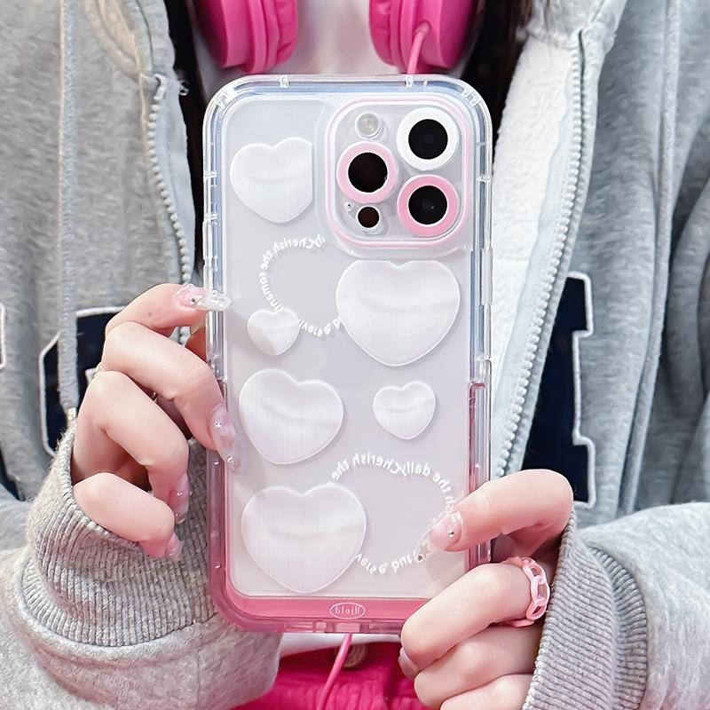 White Love Pattern Invisible Stand Holder Case For Iphone 13 11 12 14 Pro Max 14 Plus Lovely Bracket Soft Shockproof Cover