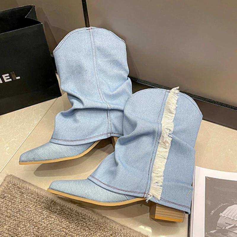 Fashion Pleated Blue Denim Boots Fashionable Women's Chelsea Boots Autumn Winter Mid-heeled Boots 2025 New Women Shoes Botas Altas Mujer