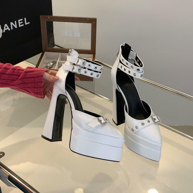 

Подиумный стиль 15см Ультравысокие каблуки Платформа Танкетки Женские туфли-лодочки Модные заклепки Ремешок на щиколотке Толстый каблук Весна Лето Массивная обувь 38 белый