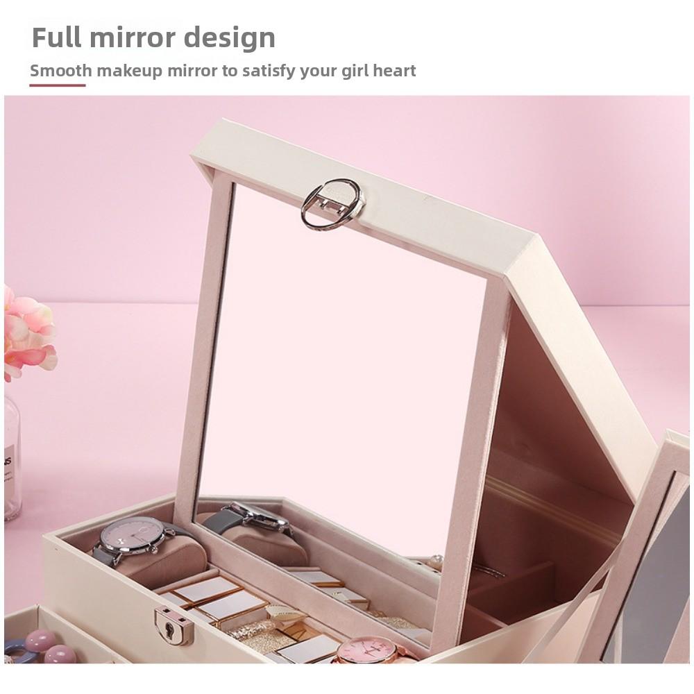 Schmuckkästchen Prinzessin High-End mit abschließbarem Spiegel Stickerei Groß Große Kapazität Haushalt Schmuckaufbewahrungsbox Schminkkoffer