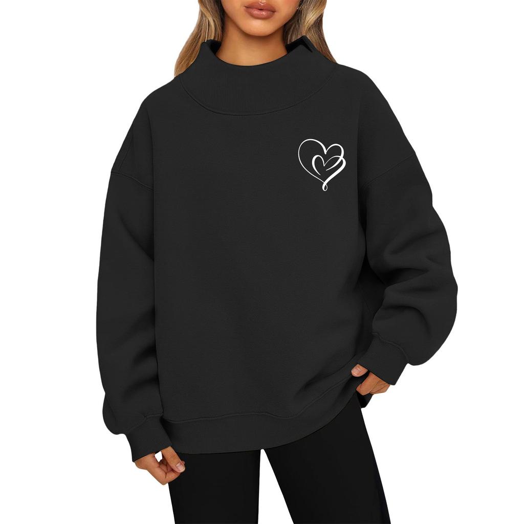Women's Valentine's Day Print Fashion Loose High-Collar Long Sleeve Solid Color Sweatshirt Pullover