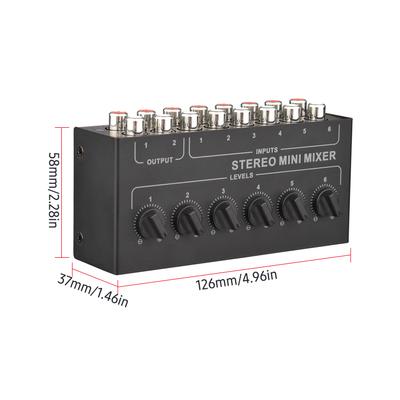 Mini Mixer Passivo Estéreo de 6 Canais RCA Mixer de Áudio Portátil 6 Entradas 2 Saídas Distribuidor Estéreo Controle de Volume Sem Bateria