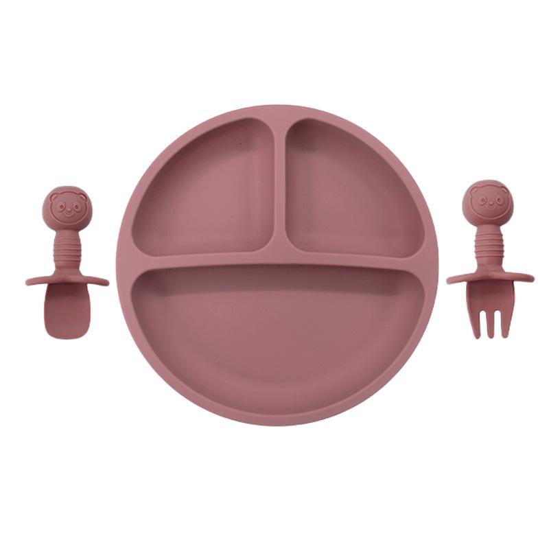 Children's Silicone Divided Plate & Cartoon Bear Spoon Fork Set - Drop-Proof Infant Feeding Tableware