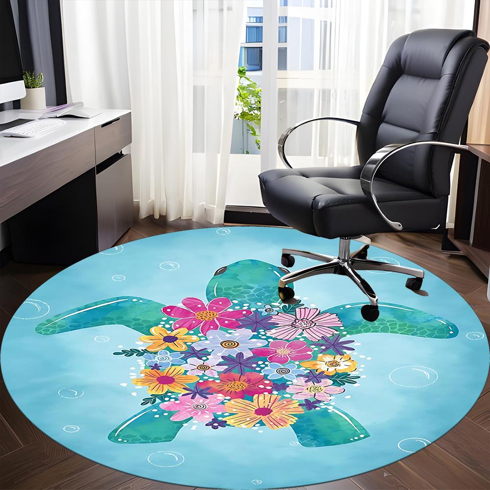 1pcSea Turtle Flowers Office Round Area Rug, Indoor Mat Suitable ForOffice, Under Office Chairs Bedroom Living Room Home Decor, Room Deco 094