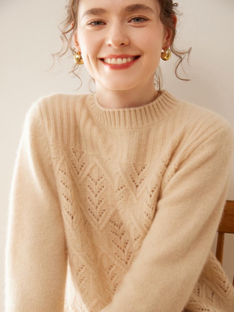 Women's 2025 Autumn/Winter Cashmere Sweater: Half-High Collar, Thick Knitwear, Hollow-Out Design