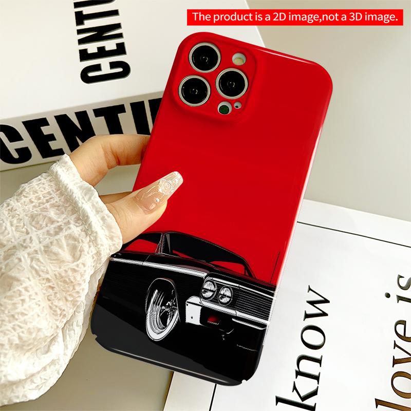 2DFlat Classic car design, bold red background. All inclusive film hard iPhone case, compatible with iPhone 18 Pro Max 17 16 15 14 13 12 11
