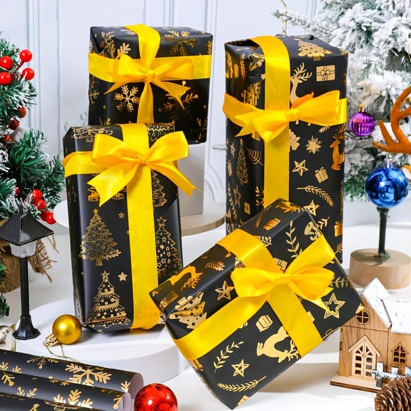 1pc Extra-Long Premium Retro Black & Golden Christmas Wrapping Paper with Golden Reindeer, Trees, Snowflakes, Craft Paper