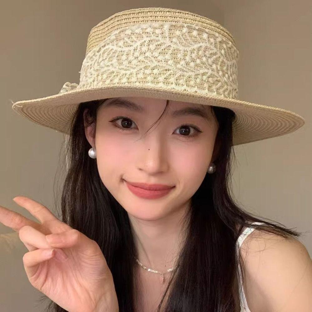 Spring Summer Bow Ribbon Straw Hat French Style Flat Top Sun Hat New Bow Lace Straw Hat  for Lady