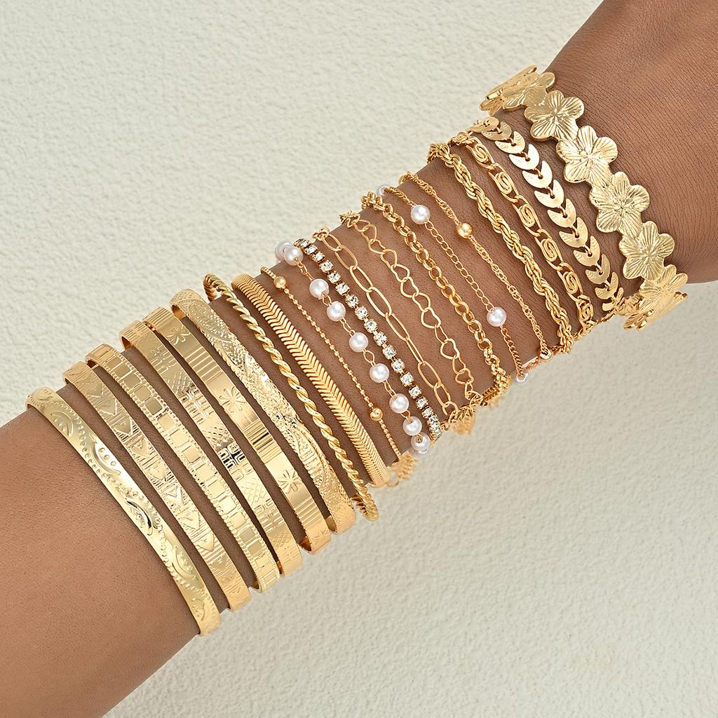 20Pcs Flower Charm Chain Bracelet Set For Women Bohemian Multilayer Adjustable Bracelets Vintage Floral Stackable Jewelry Gifts