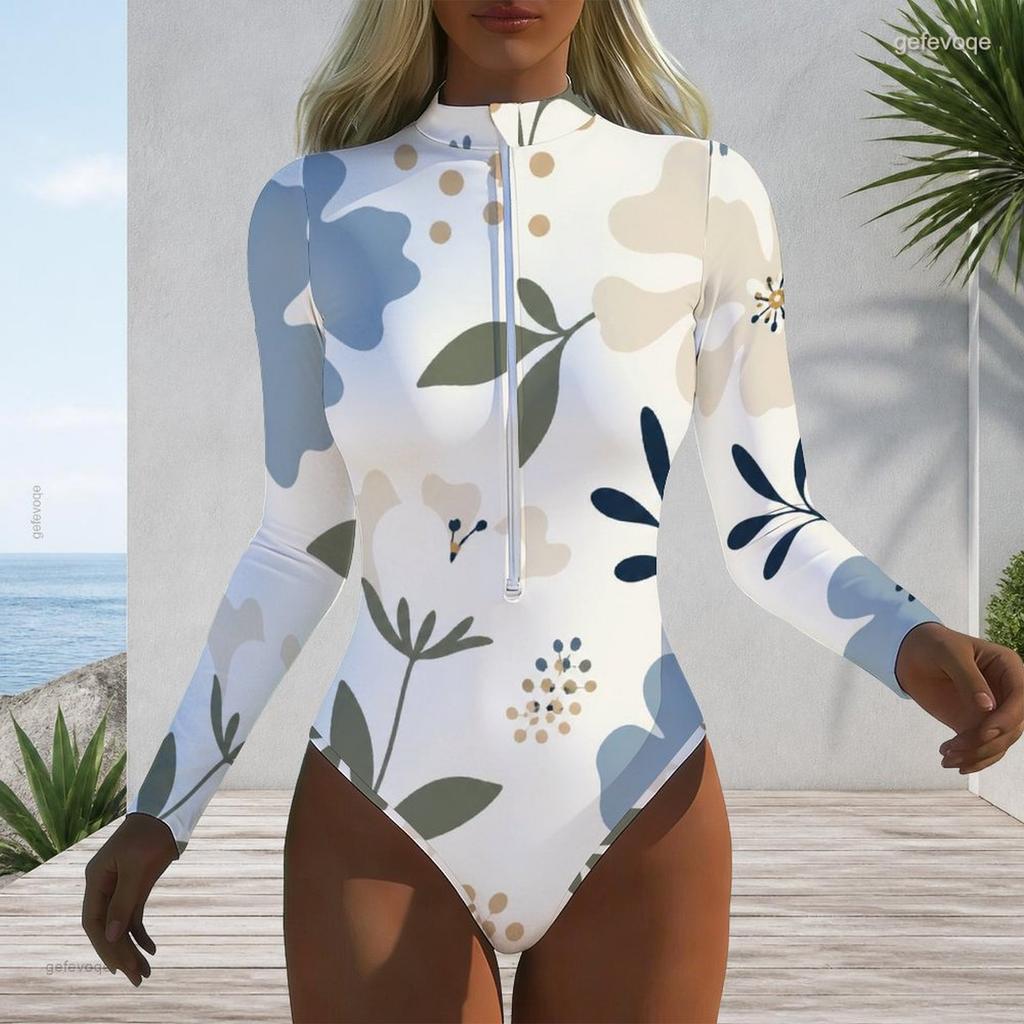 Women Plus Size High Neck Long Sleeve Front Zipper Floral Print One Piece Swimsuit