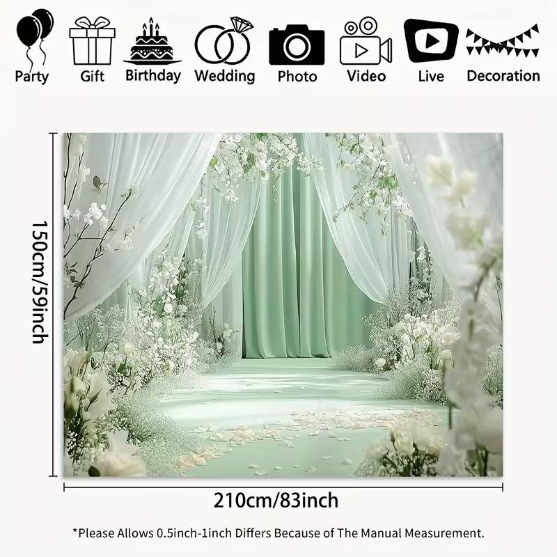 2D Sage Green Curtain Backdrop White Flower Wedding Photography Background