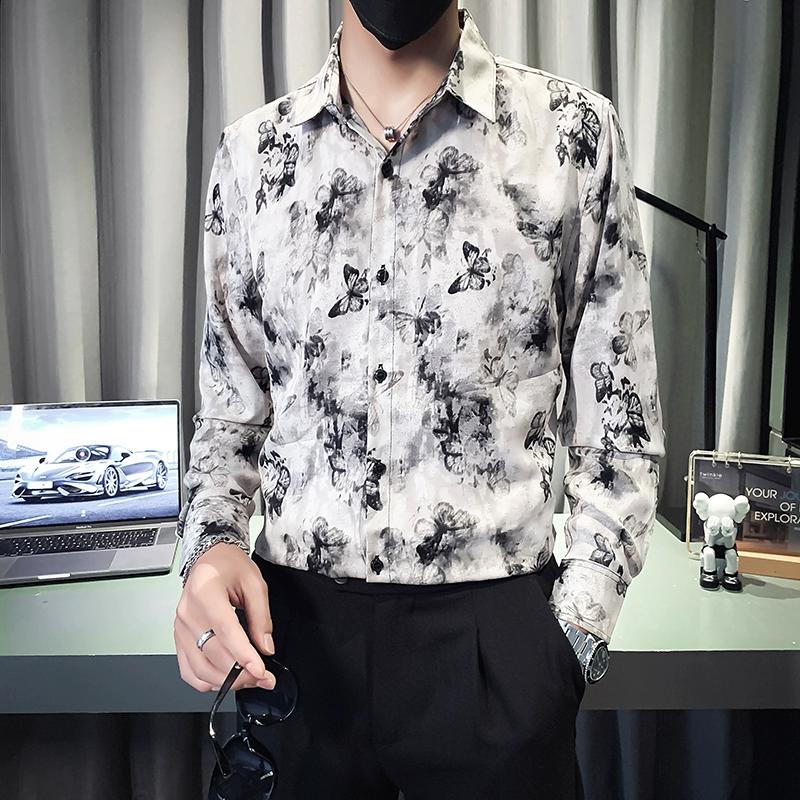 

2026 Korean Style Fashion Shirts Men Funny Printed Pattern Shirt Male Casual Streetwear Hawaii Shirt Man Button Long Sleeve Blouse Tops M