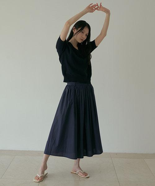 Lingseoul Rayon Blended Shirring Skirt-Navy