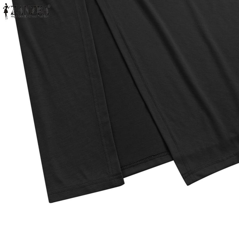 ZANZEA Damen Casual Langarm O-Ausschnitt Einfarbig Vorderschlitz Langes T-Shirt
