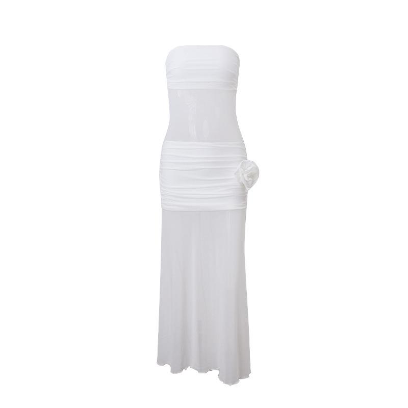 

European and American style winter seaside vacation gentle mesh tube top dress temperament slim white long dress women s S белый