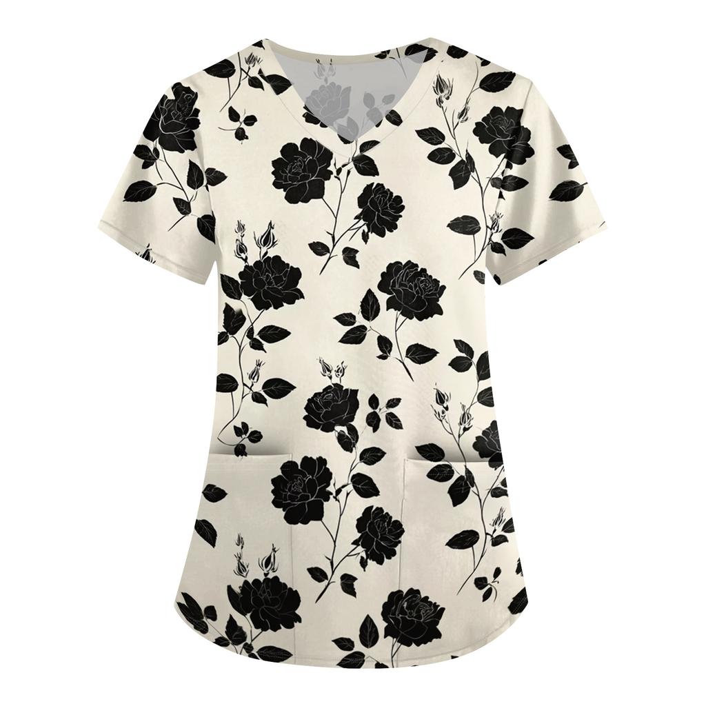 Loose Fit V Neck Pocket Short Sleeve Medical Scrub Top Floral Pattern Nurse Uniform Workwear for Healthcare Professionals