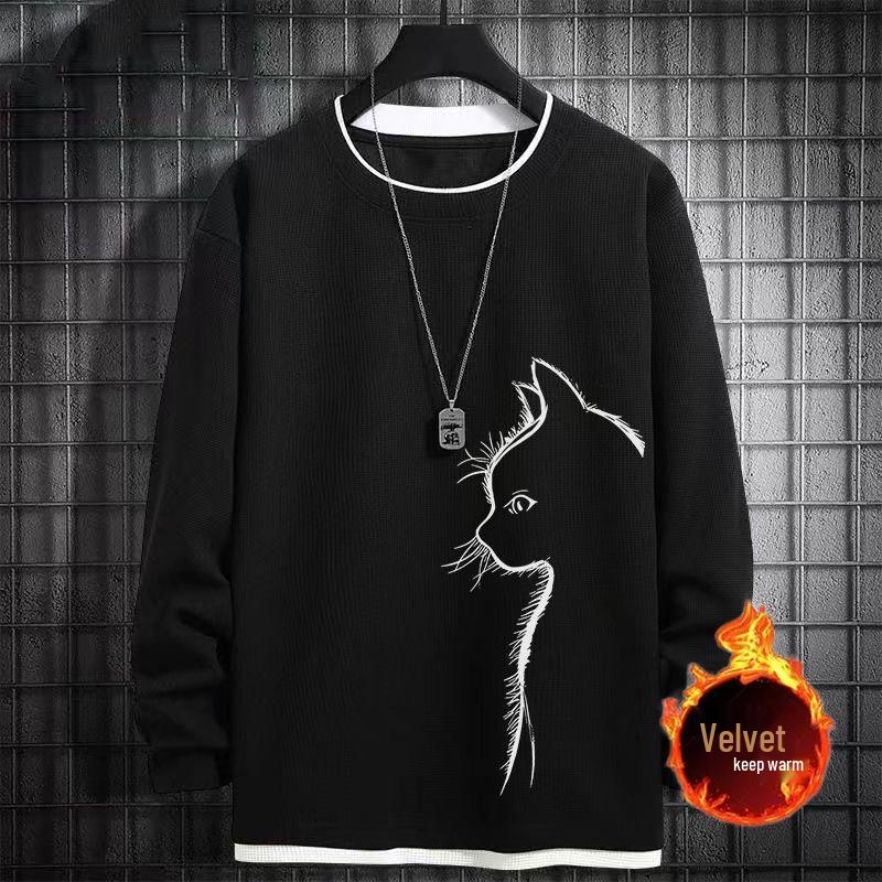 

Men s Trendy Loose Fit Plus-Size Velvet Waffle Long-Sleeve Crew Neck Hoodie Sweater S for 60-80 jin