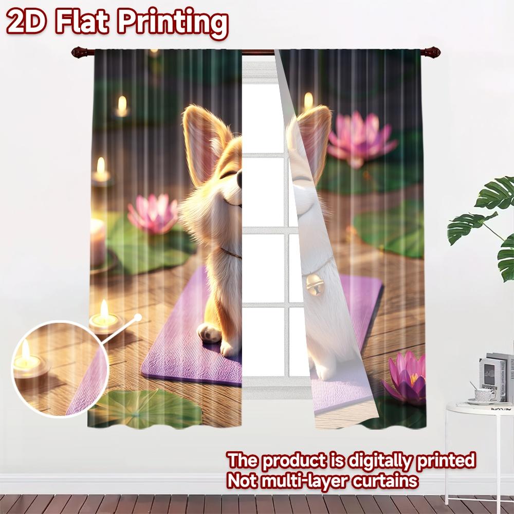 2D flat printing 2pcs Curtain Cute Corgi Yoga Zen Lotus Digital Printed Polyester Drapes Party Decorations Use for Indoor
