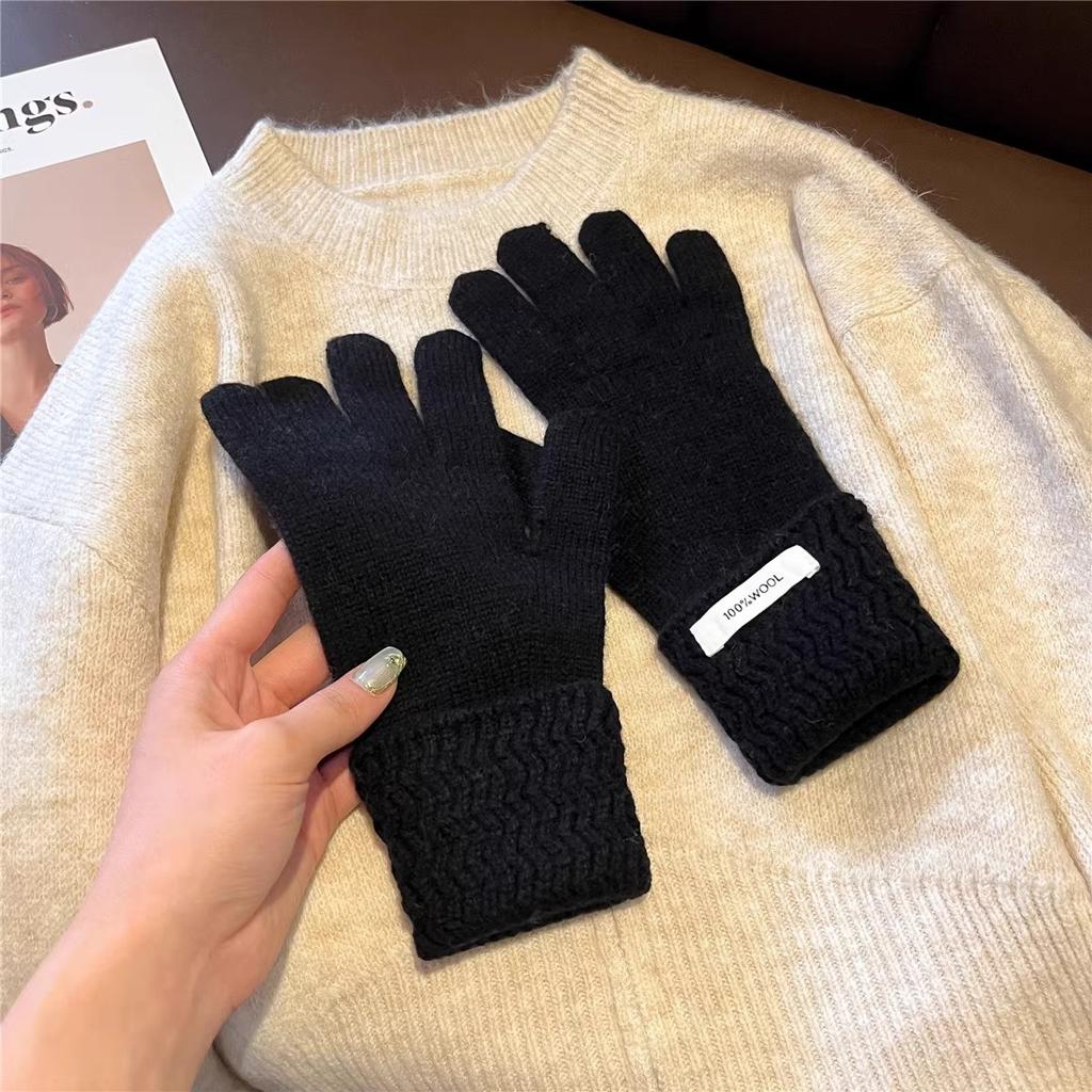 Australian Pure Wool Corrugated Set for Women Thickened Warm Fingerless Touch Screen Knitted Hand Gloves