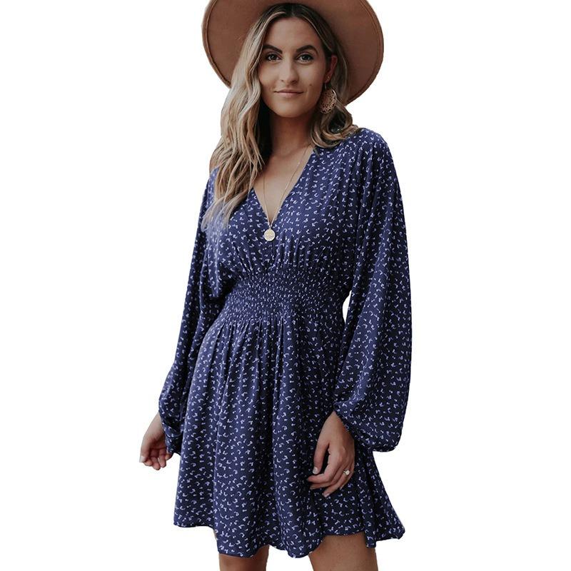 Summer New Polka Dot Women's Dress, Pullover V-neck Long-sleeved Pleated Waist Floral Slim-fit Skirt