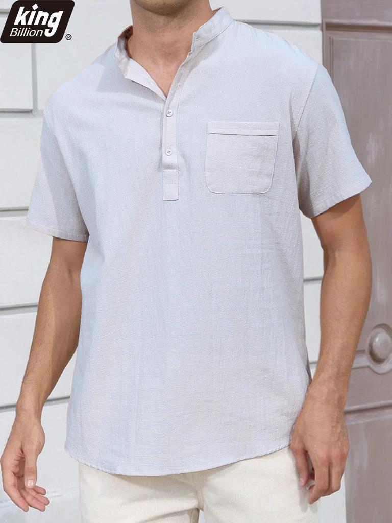 Summer New Men's Lightweight Cotton Linen Short Sleeve Henley Neck T-shirt - Breathable Casual Solid Color Tops Basic Style Tees