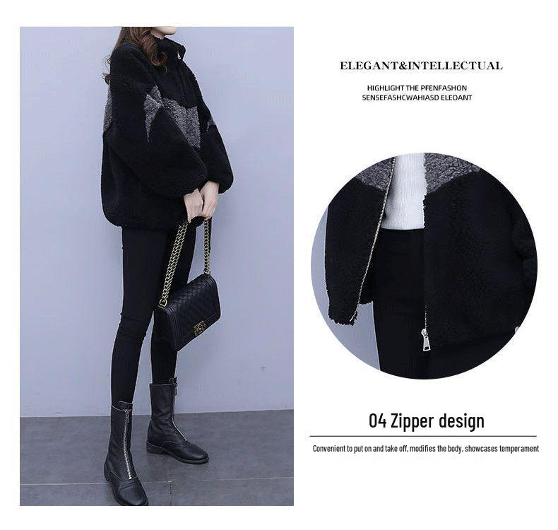 Women's Plus Size Color Block Fleece Coat - Lamb Wool One-Piece, Autumn & Winter Fashion