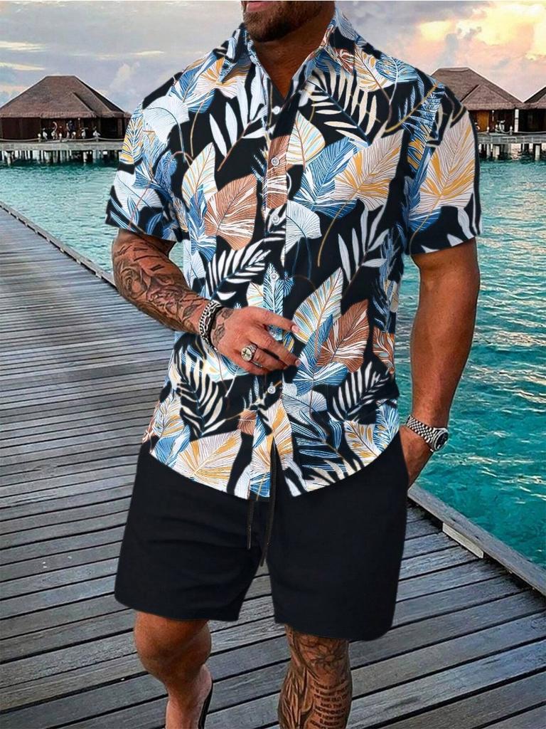 Sommer Strand 2-teiliges Hemd Set Herren Lässig Tropischer Print Kurzarmhemd Und Shorts Set Tropisches Hemd Herren Urlaubs Sets