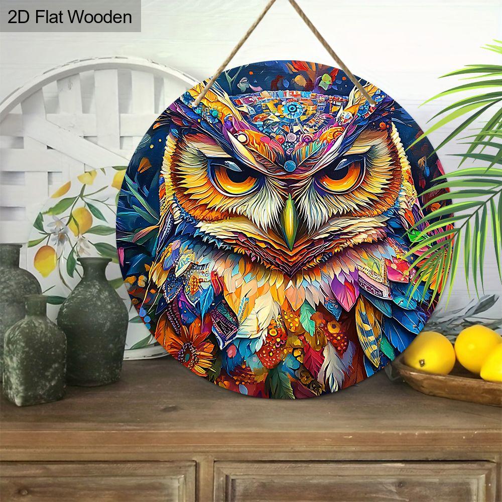 2D flat wooden hanging decorative signs, home wall or door decoration, garden decoration, the pattern is a colorful owl, housewarming gift for friends