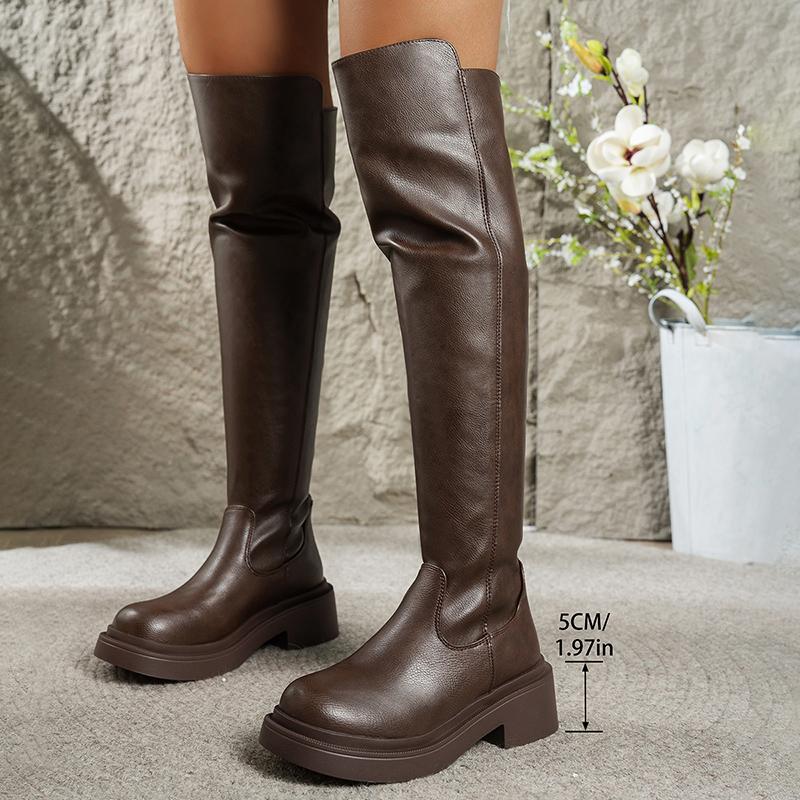 Fashion Chunky Platform Over The Knee Boots Women Solid Color Thick Heel Knight Boots Woman Autumn Winter Back Zip PU Leather Long Botas