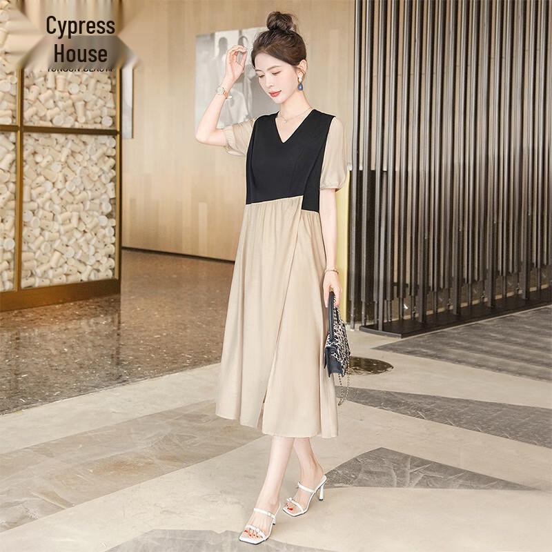 Women s Color Block V-Neck A-Line Midi Dress M
