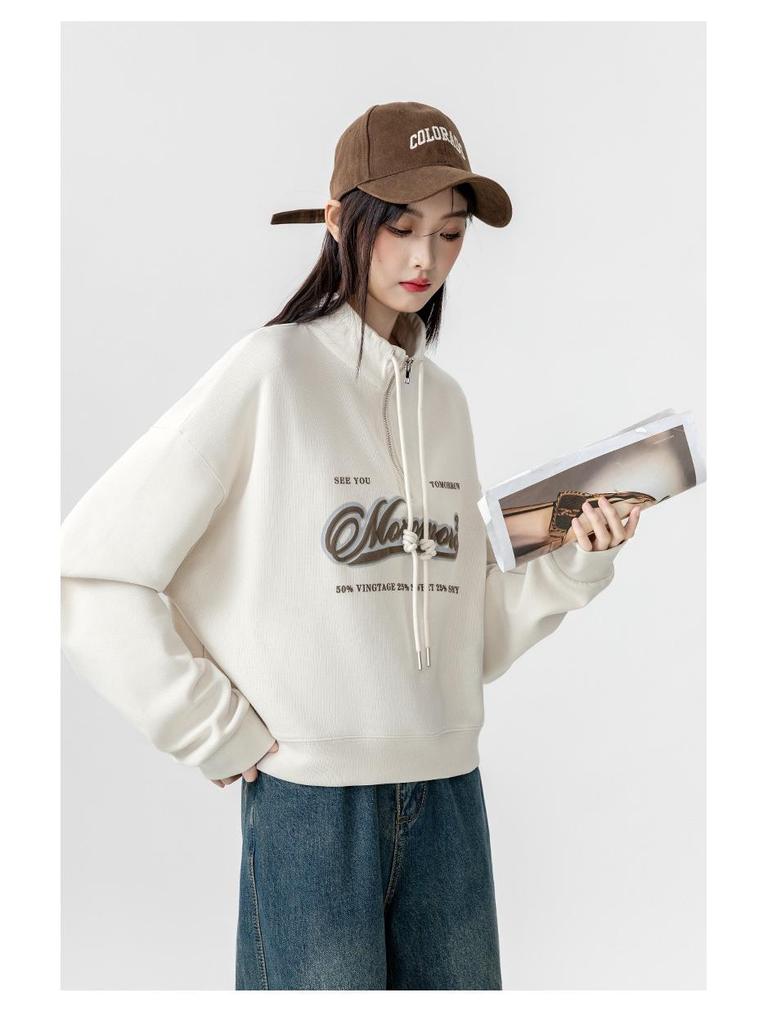 Europäischer Stil Stehkragen High Waist Sweatshirt für Damen - Übergröße, Schlankmachend, Lockere Passform, Kurzes Oberteil für Frühling & Herbst 2025