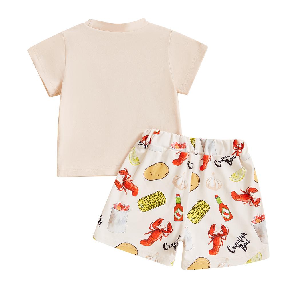 Kids Summer Outfit, Short Sleeve Crew Neck Embroidery T-shirt with Lobster Print Shorts Clothing Set