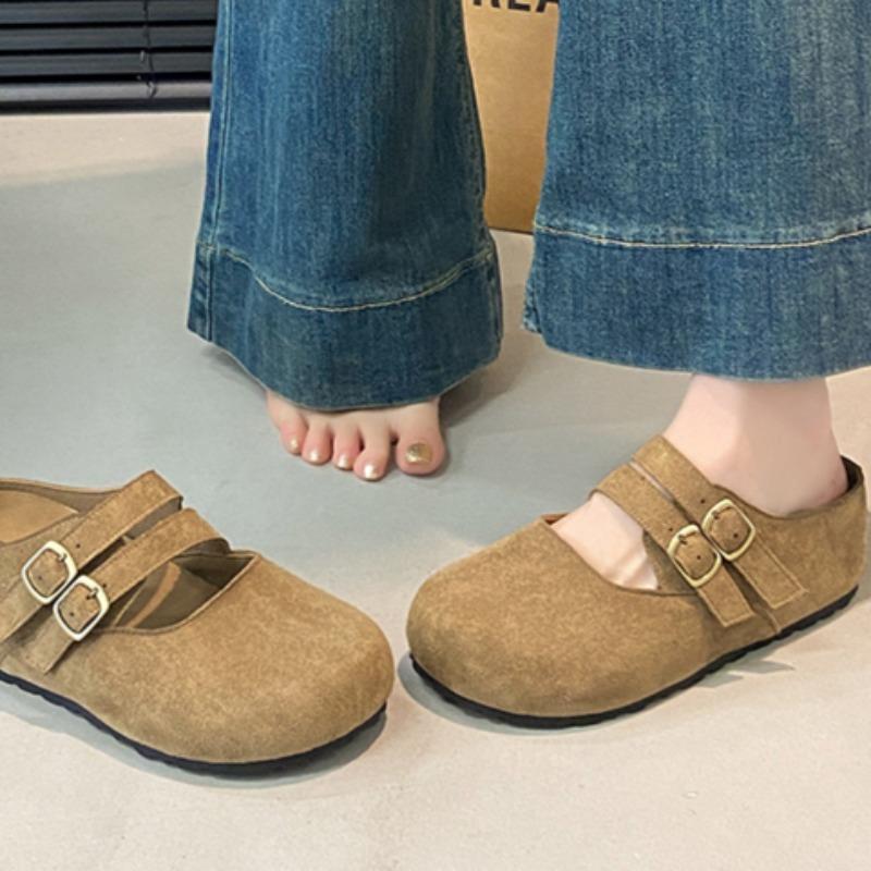 Fashion Baotou Slippers Spring New Style Round Head Shallow Mouth Cow Suede Cover Foot Anti-slip Wear-resistant Flat Shoes