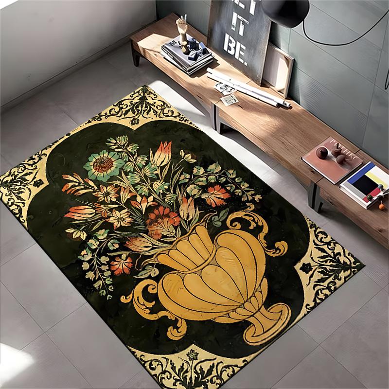 Vintage Floral Vase Pattern Carpet - Elegant Black and Gold Design Suitable for Use As an Anti-slip for Living Room Bedroom Sofas
