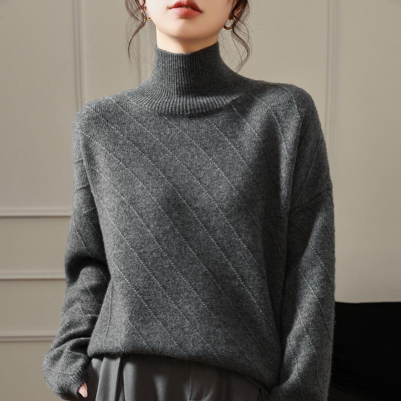 Women's High Neck Jacquard Wool Sweater - Thick, Loose Fit, Lazy Style