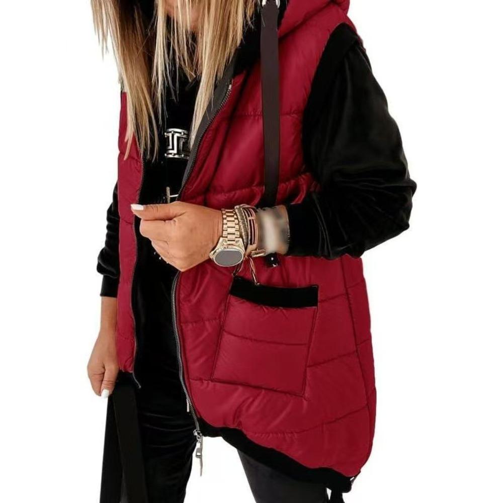 Dam med huva, quiltad, lång väst, dragkedja, ärmlös, vadderad gilet, lös, varm ytterkläder med fickor, avslappnad, lätt väst för höst, vinter